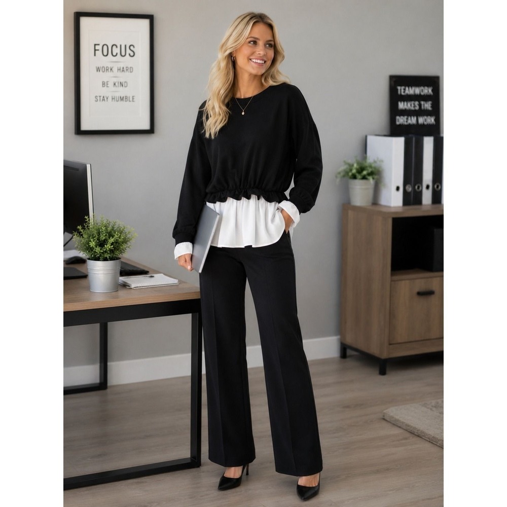 Black Layered Look Sweatshirt White Shirt Hem Cuffs Long Sleeve Top 1X